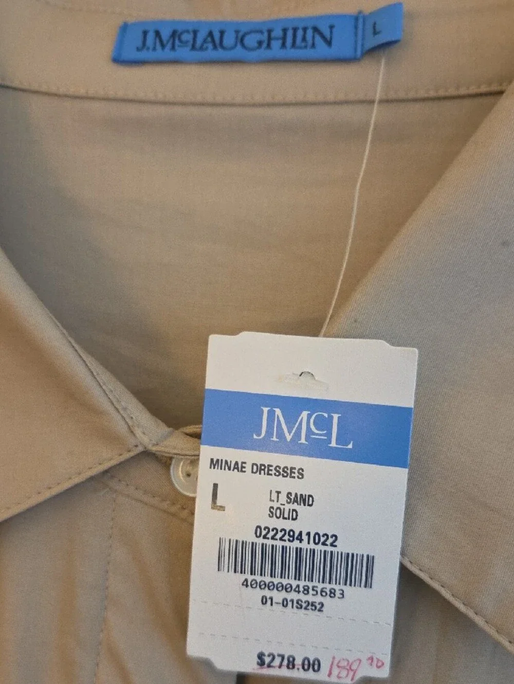 J McLaughlin Women's Long Beige Collared Shirt Dress with Patterned Cuff Detail - Picture 2 of 7